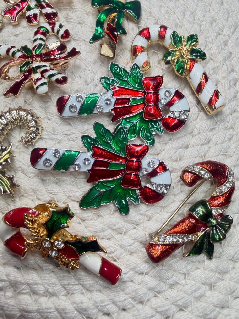 Candy Cane Brooch Lot 11 Christmas Enamel Pins Vintage Modern Holiday Jewelry - Picture 6 of 8